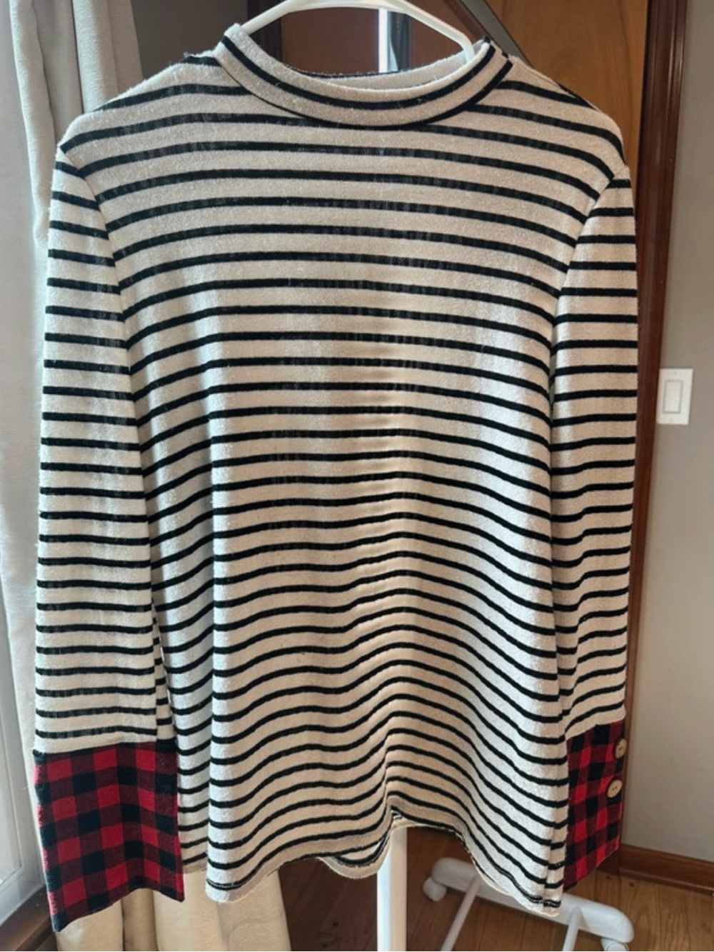Striped Long Sleeve Sweater with Buffalo Plaid Cuffs